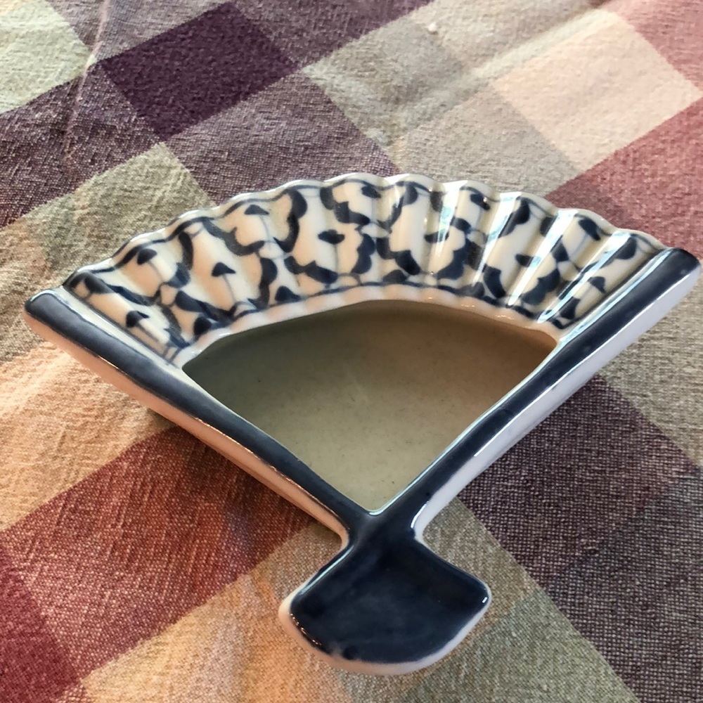 White Blue Ceramic Ashtray Fan Floral Asian  6 inch by 5 inch